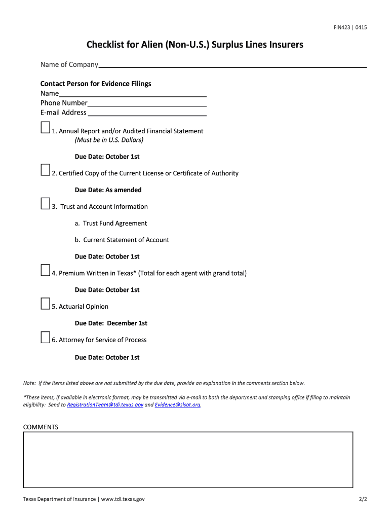 Fillable Online tdi texas Filing Requirements and Checklist for Alien (non U.S.) Surplus Lines