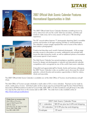 2007 Utah Scenic Calendar Order Form