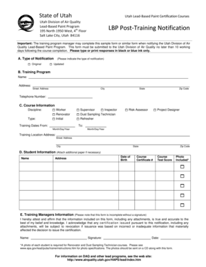 LBP Post-Training Notification - Utah Air Quality - Utah.gov - airquality utah