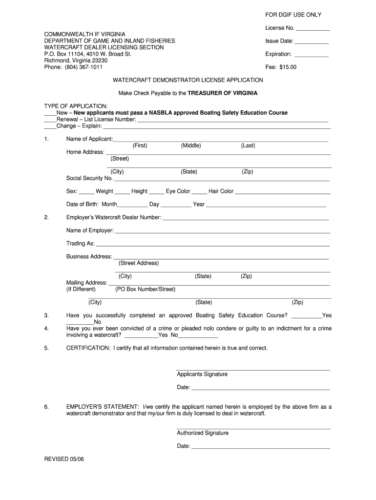 Fillable Online dgif virginia Watercraft Demonstrator License ...