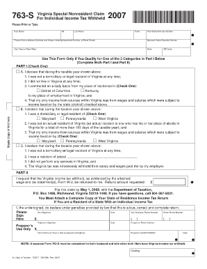 Virginia Special Nonresident Claim Form 763-S