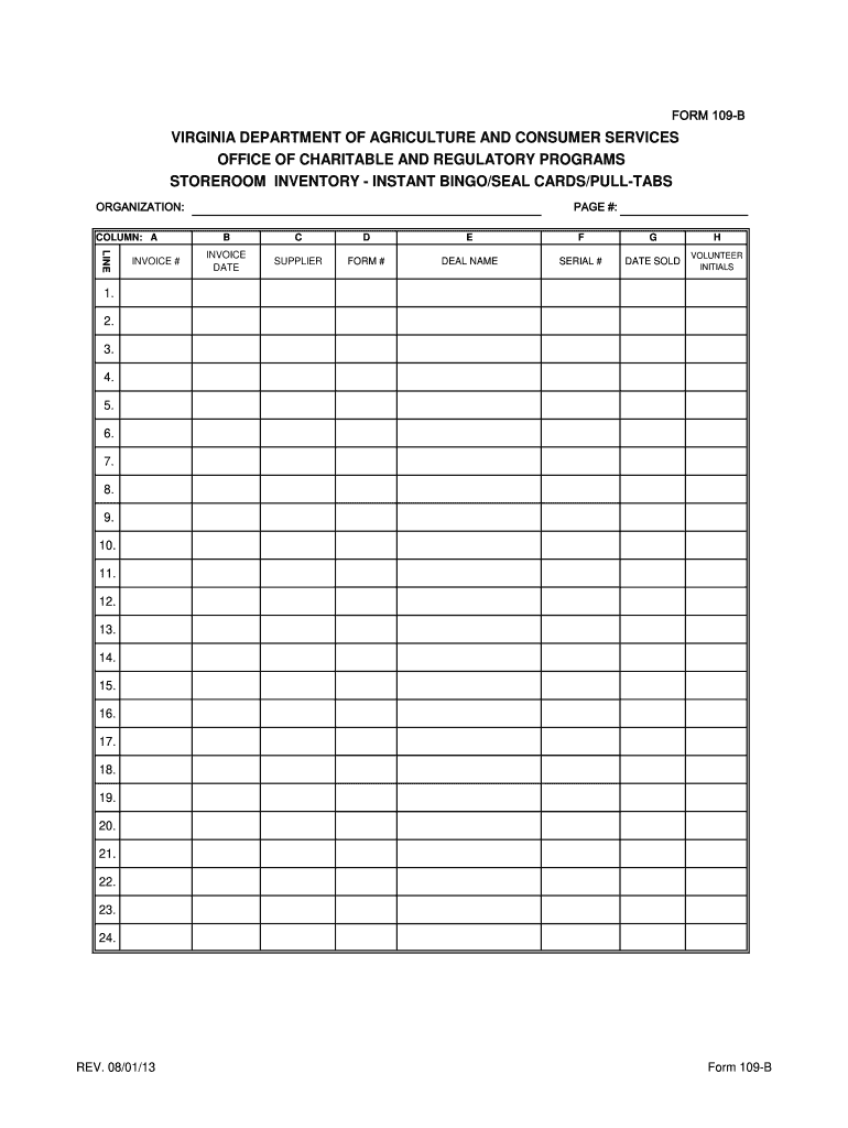 virginia department of agriculture consumer services office of charitable and requlatory programs storeroom inventory instant bingo seal cards pull tabs form 109 b Preview on Page 1