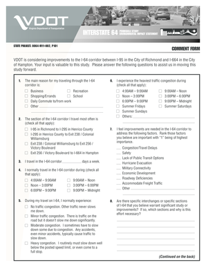 Virginia I-64 Corridor Comment Form