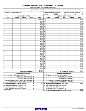 Expense Record for Temporary Quarters