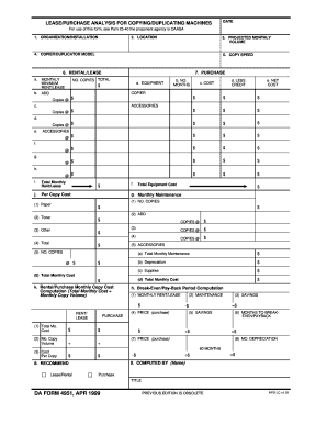 LEASE/PURCHASE ANALYSIS FOR COPYING/DUPLICATING MACHINES. DA FORM 4951, APR 1999 - armypubs army