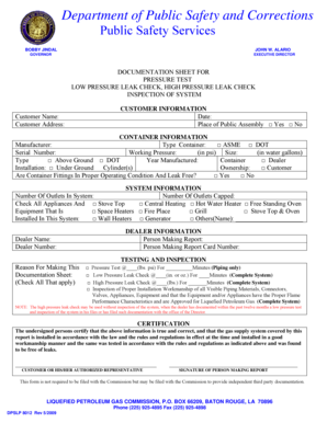 Louisiana Pressure Test Documentation Sheet