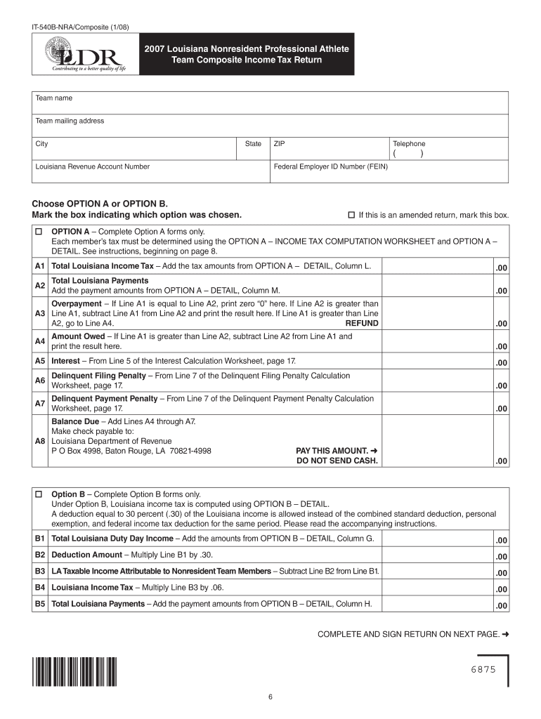 Fillable Online 2007 Louisiana Nonresident Professional Athlete Team ...