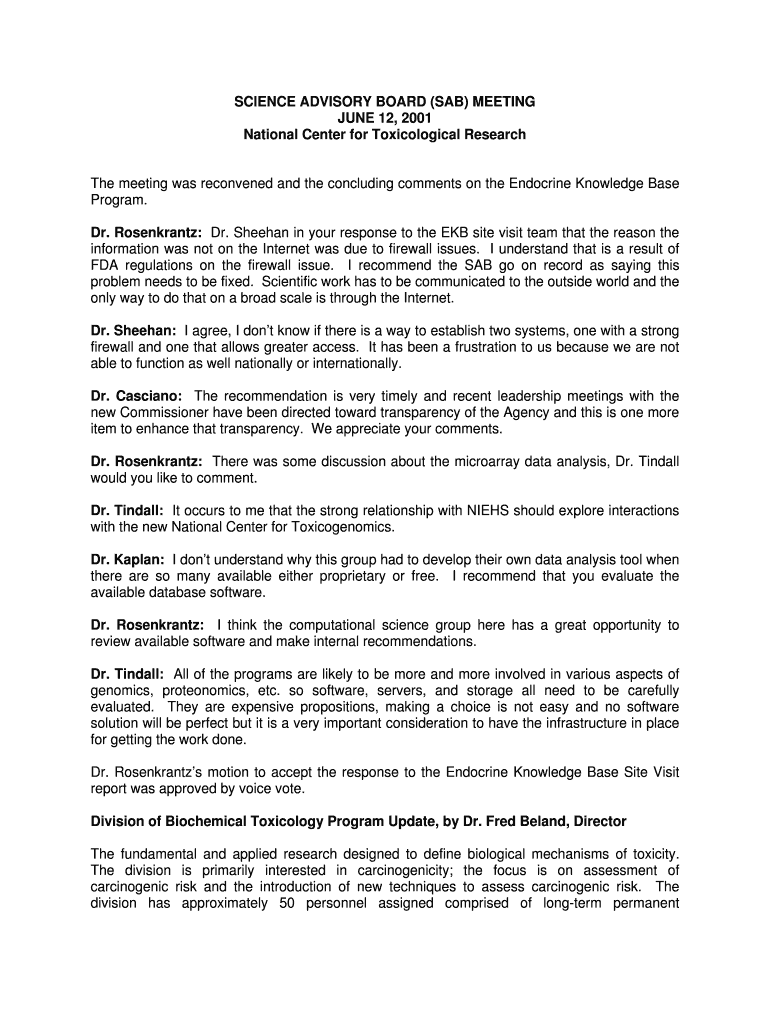 Fillable Online fda Science advisory board (sab) meeting Food and