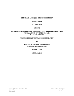 PURCHASE AND ASSUMPTION AGREEMENT WHOLE BANK ALL DEPOSITS AMONG FEDERAL DEPOSIT INSURANCE CORPORATION, AS RECEIVER OF FIRST FEDERAL BANK OF NORTH FLORIDA PALATKA, FLORIDA FEDERAL DEPOSIT INSURANCE CORPORATION and TD BANK, NATIONAL - fdic