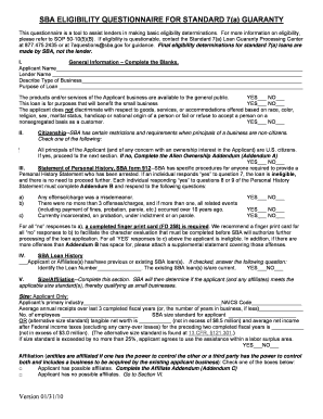 SBA Eligibility Questionnaire for Standard 7(a) Guaranty