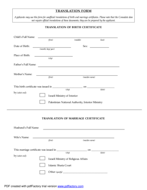 Translation Form for Birth and Marriage Certificates