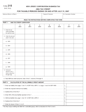 New Jersey Corporation Business Tax Form 315
