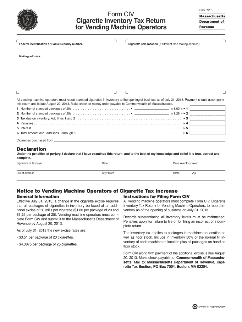 Form CIV Cigarette Inventory Tax Return for Vending - Mass - mass Preview on Page 1