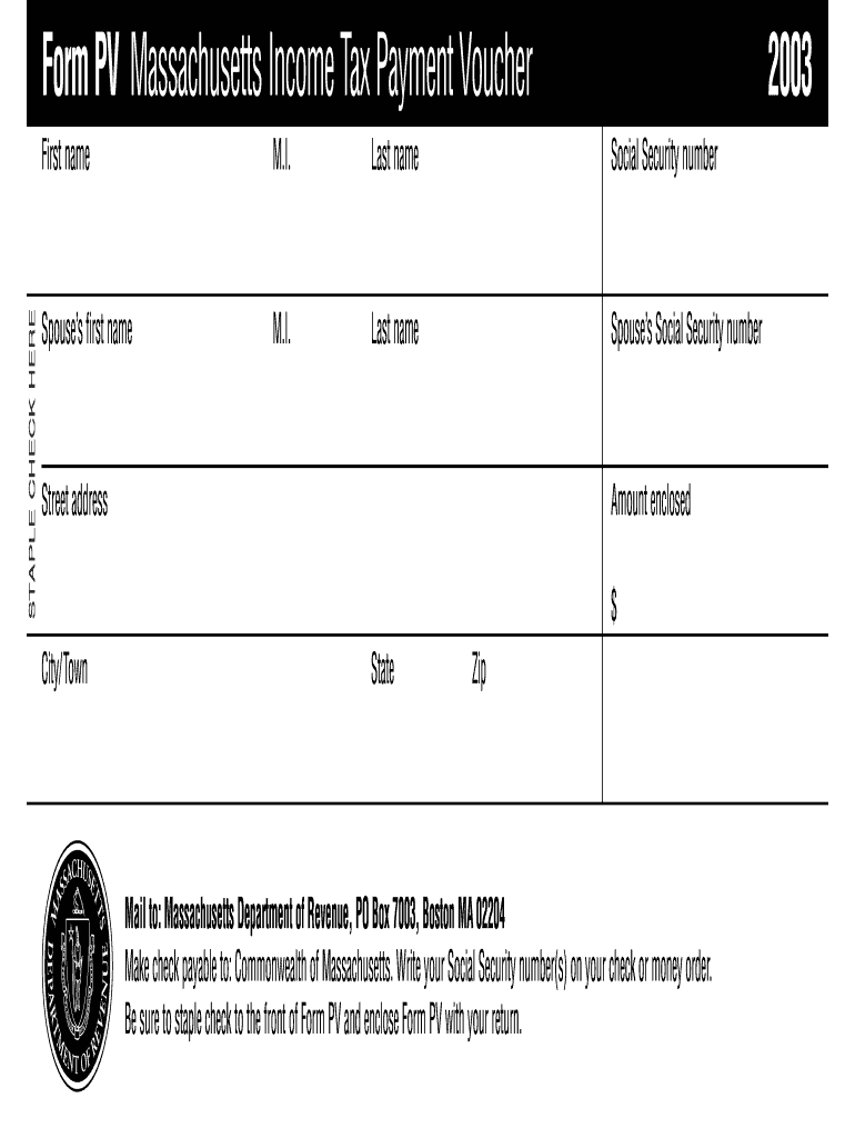 Form PV 2003 Massachusetts Income Tax Payment Voucher - mass Preview on Page 1