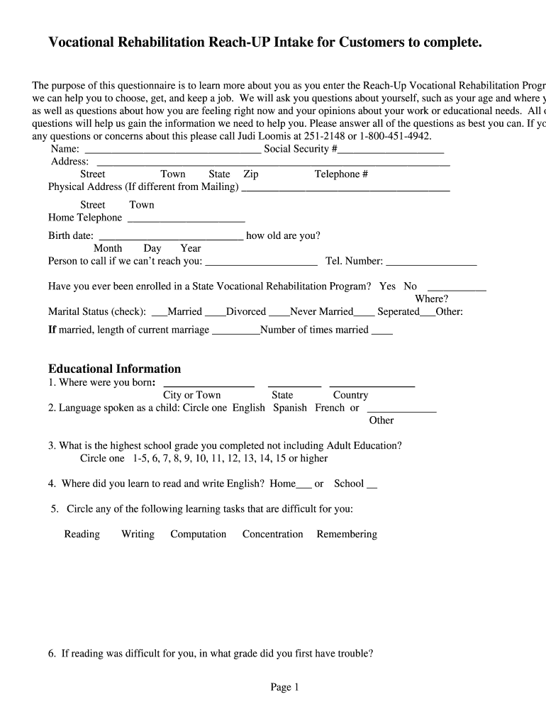 vocational rehabilitation intake form Preview on Page 1