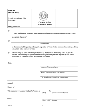 Texas Consent to Use of Similar Name Form 509