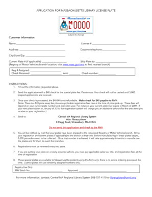 Massachusetts Library License Plate Application