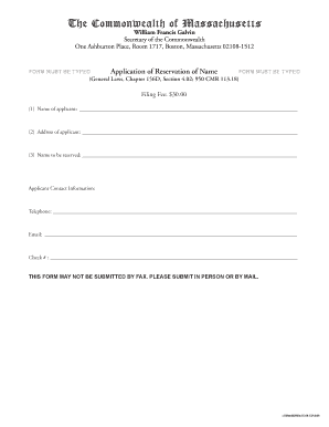 Massachusetts Name Reservation Application