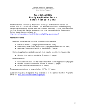 Michigan Free School Milk Family Application