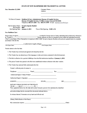 Transmittal letter - STATE OF NEW HAMPSHIRE BID TRANSMITTAL LETTER Date: December 23, 2010 Company Name: Address: To Point of Contact: Kathleen B - admin state nh