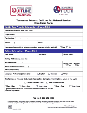 Tennessee Tobacco QuitLine Enrollment Form