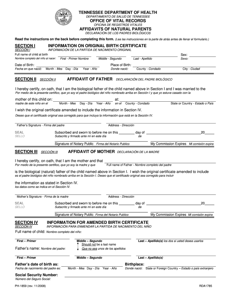 Tennessee department of health office of vital records affidavits of - health state tn Preview on Page 1