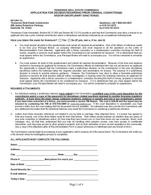 Tennessee Real Estate Commission Application for Criminal Conviction Review