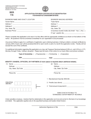 Tennessee Beer Certificate of Registration Application