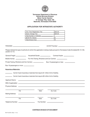 Tennessee Intrastate Authority Application