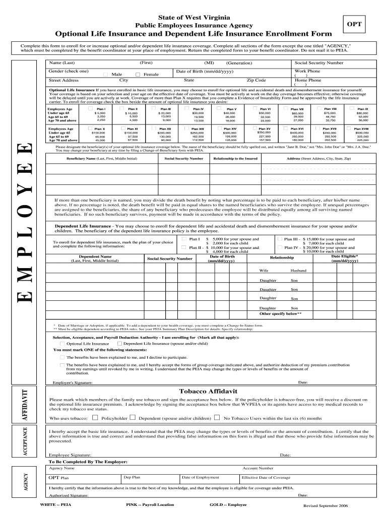 Optional Life Insurance and Dependent Life Insurance Enrollment Form - wvde state wv Preview on Page 1