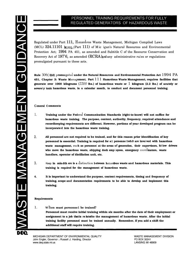 111, Hazardous Waste Management, Michigan Compiled Laws PA Preview on Page 1