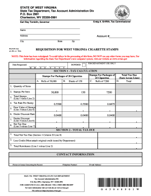 West Virginia Cigarette Stamp Requisition Form