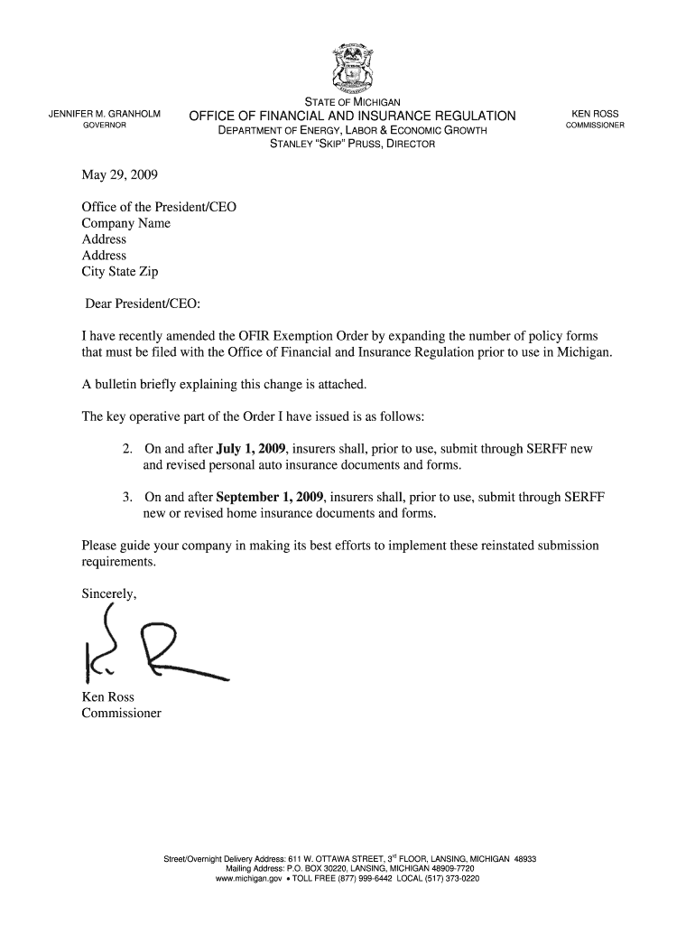 Specimen letter mailed to Insurers authorized to - State of Michigan - michigan Preview on Page 1