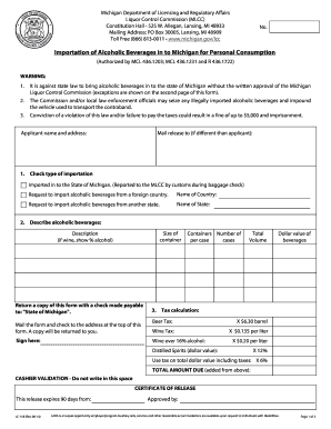 Michigan Alcoholic Beverage Importation Form
