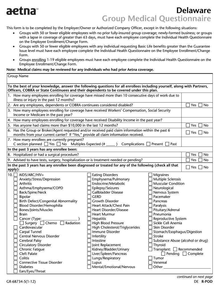 Delaware Group Medical Questionnaire - Aetna Delaware Group Medical Questionnaire Preview on Page 1