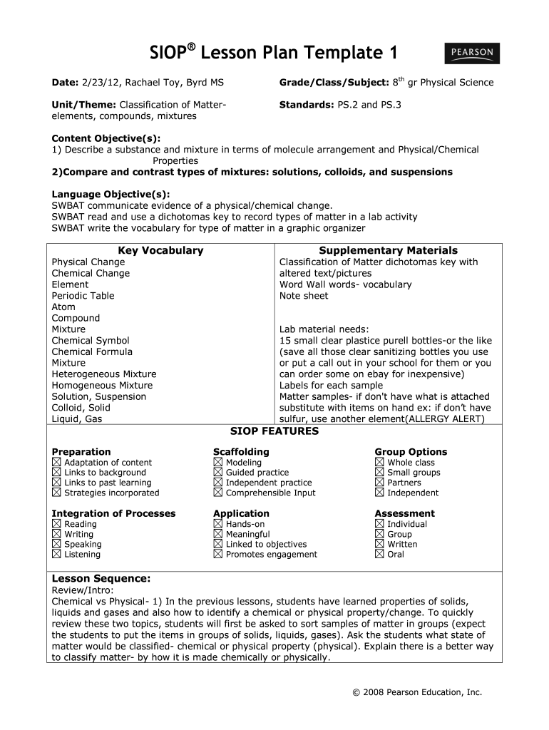Siop Lesson Plan Template Fill Online Printable Fillable Blank 