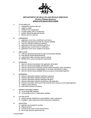 Applicant Selection Codes - NC Department of Health and Human - ncdhhs