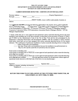 New York Carbon Monoxide Detector Certificate