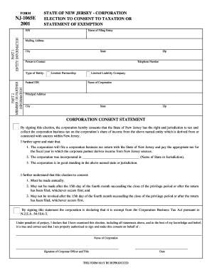 New Jersey Corporation Consent Statement