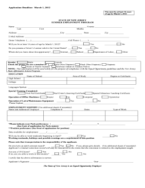 New Jersey Summer Employment Program Application
