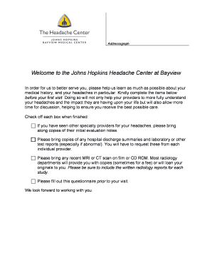 Johns Hopkins Headache Center Patient Intake Form