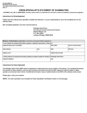 Michigan Vision Specialist Statement of Examination