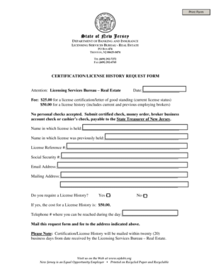 New Jersey Real Estate License Certification Request