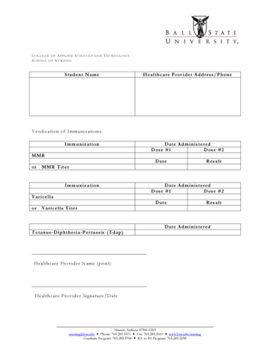 College of Applied Sciences Nursing Immunization Verification Form