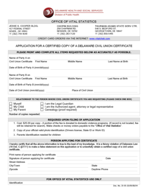 Delaware Civil Union Certificate Application