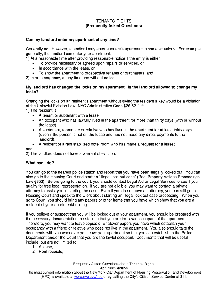 Fillable Online nyc TENANTS' RIGHTS (Frequently Asked Questions) Can NYC . gov nyc Fax