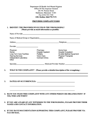 Maryland Provider Complaint Form