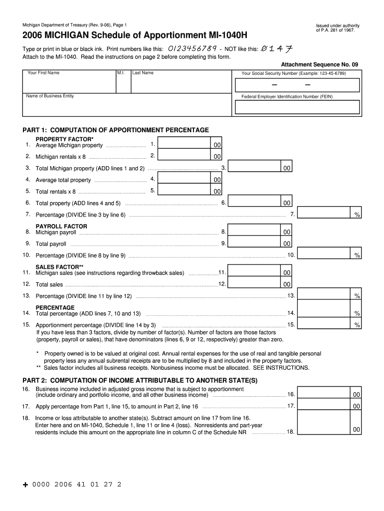 MI-1040H, 2006 Michigan Schedule of Apportionment MI-1040H, 2006 Michigan Schedule of Apportionment Preview on Page 1