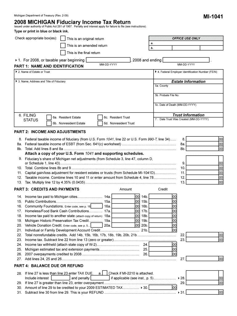 2-09) 2008 MICHIGAN Fiduciary Income Tax Return Issued under authority of Public Act 281 of 1967 Preview on Page 1