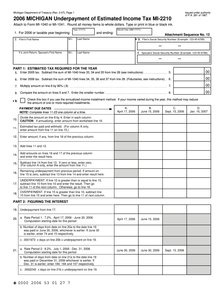 2006 MICHIGAN Underpayment of Estimated Income Tax MI-2210 Preview on Page 1